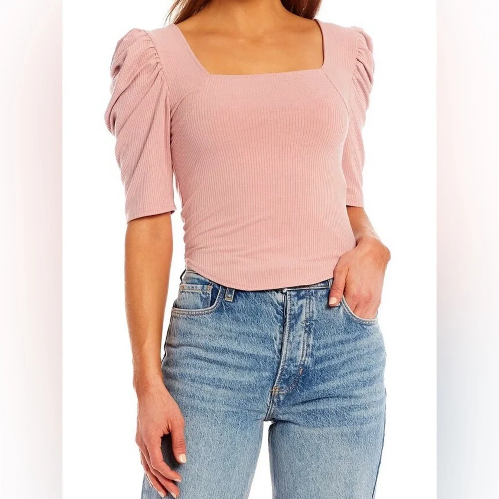 Free People Mauve Pink Ribbed Square Neck Puff Sleeve Top